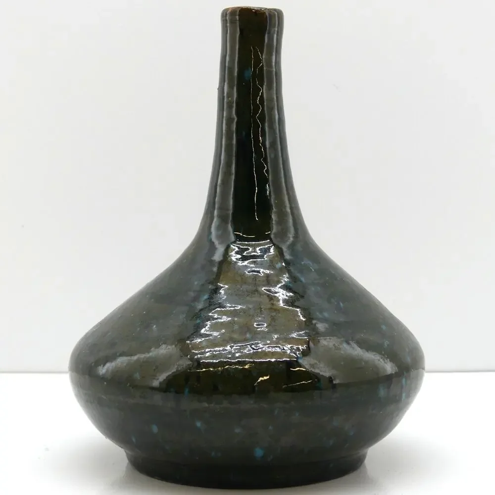 Studio Art Pottery Bottle Vase Green Blue Speckled Glaze Handmade Ceramic Decor